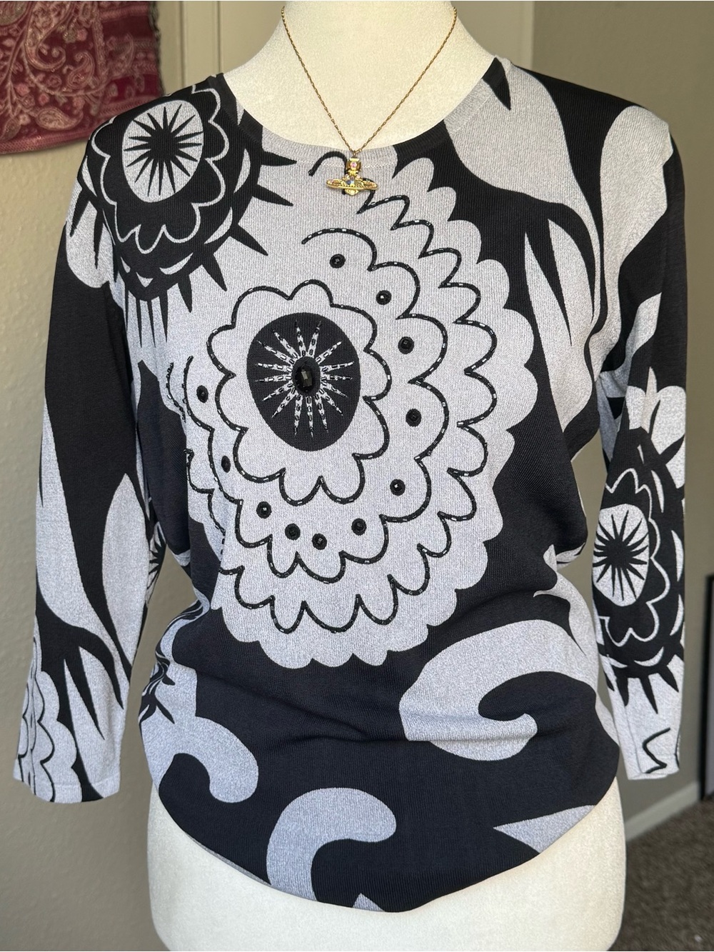 Vintage Black Grey Floral Beaded Whimsigoth Womens Medium Cotton Long Sleeve Top